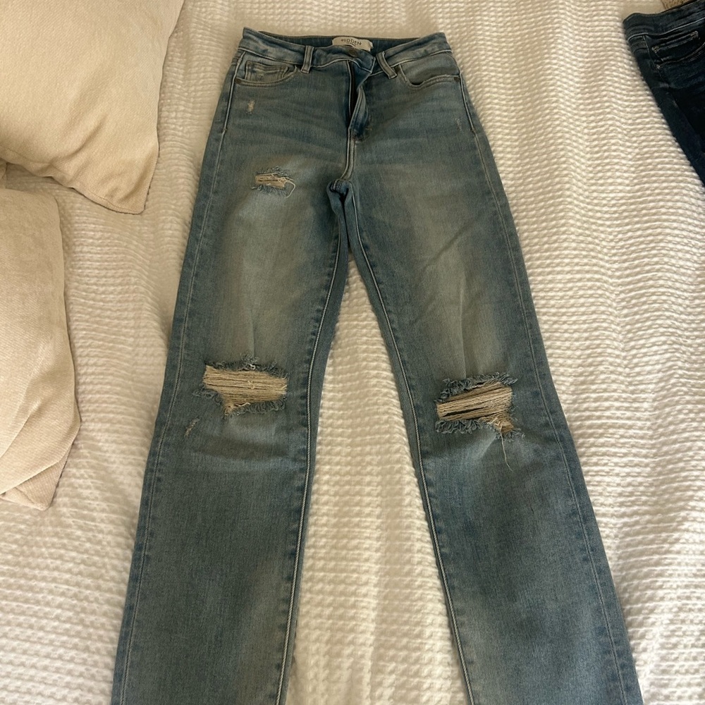 Classic Blue Distressed Women's Straight Leg Jeans